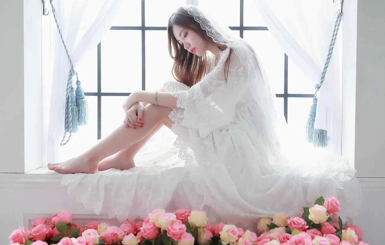 Photo wallpaper girl, roses, window