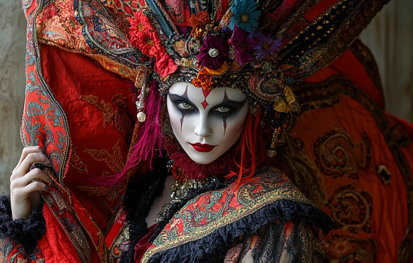 Photo wallpaper look, girl, decoration, makeup, fantasy, costume, outfit, in red