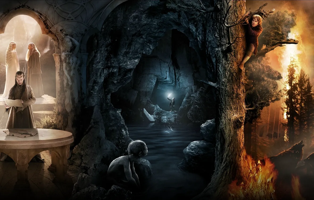 Photo wallpaper forest, tree, fire, collage, the Lord of the rings, elves, wolves, cave