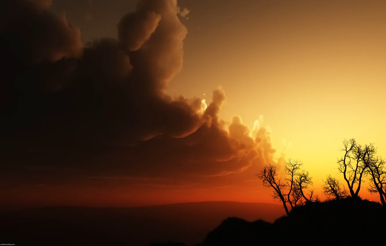 Photo wallpaper the sky, trees, sunset, red, hills, black