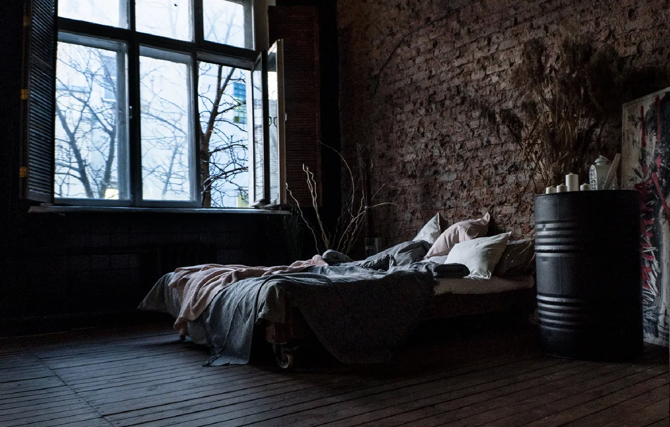 Photo wallpaper design, room, interior, bedroom, loft, industrial style