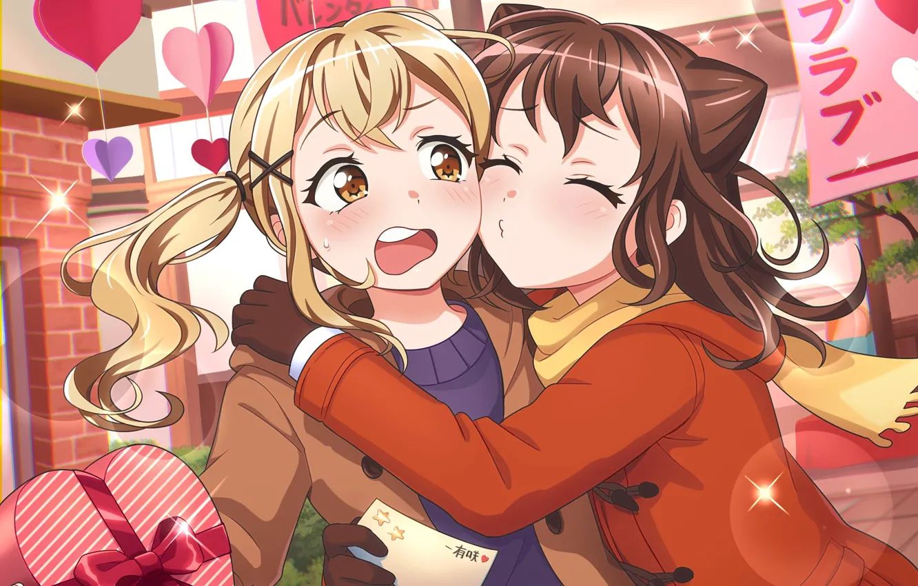 Photo wallpaper girls, candy, hearts, Valentine's day, BanG Dream!, Arisa Ichigaya, Kasumi Toyama