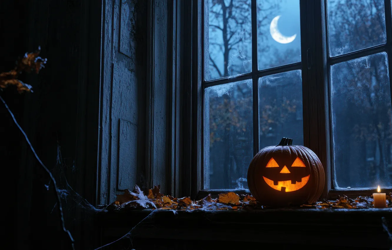 Photo wallpaper night, the moon, window, Halloween, pumpkin, Halloween, horror, candle