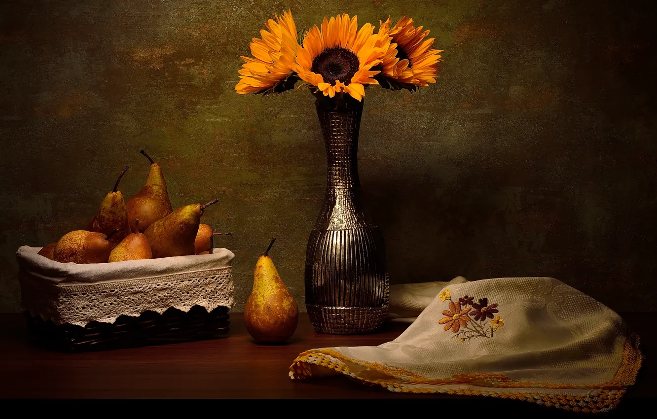 Photo wallpaper sunflowers, flowers, the dark background, table, bouquet, vase, fruit, still life