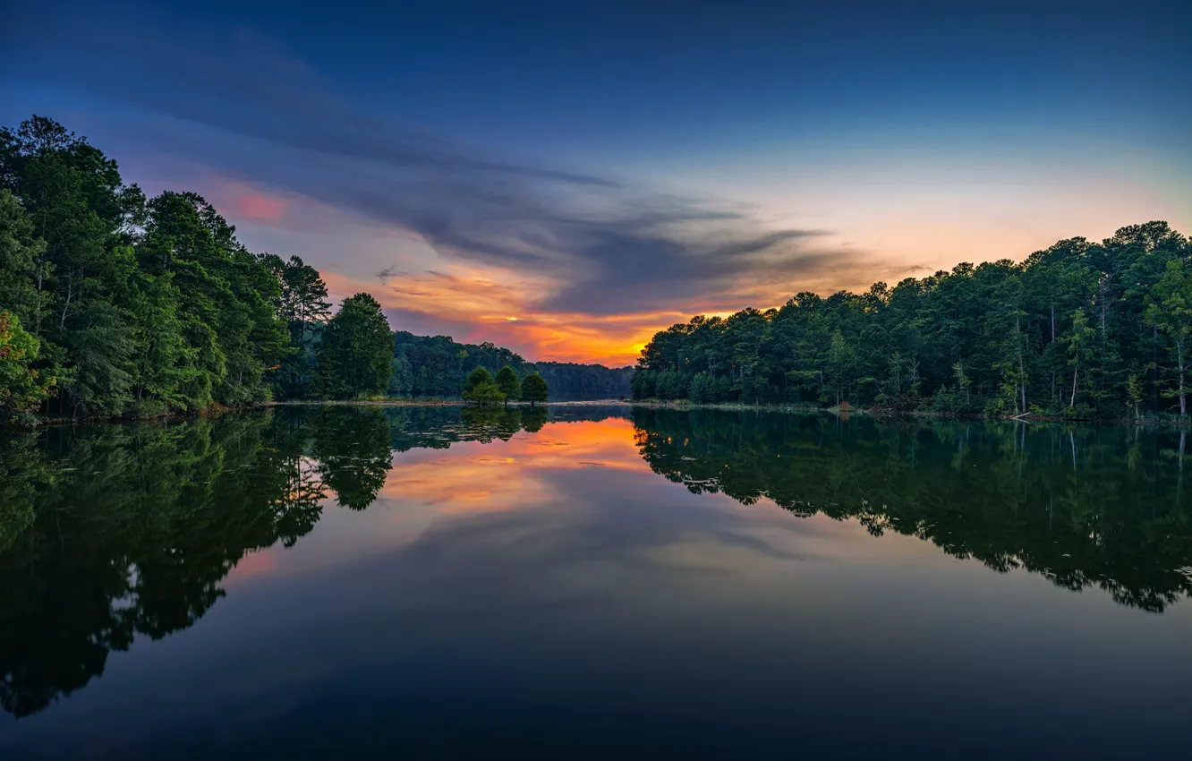 Photo wallpaper forest, sunset, lake, reflection, Georgia, GA, West Point Lake