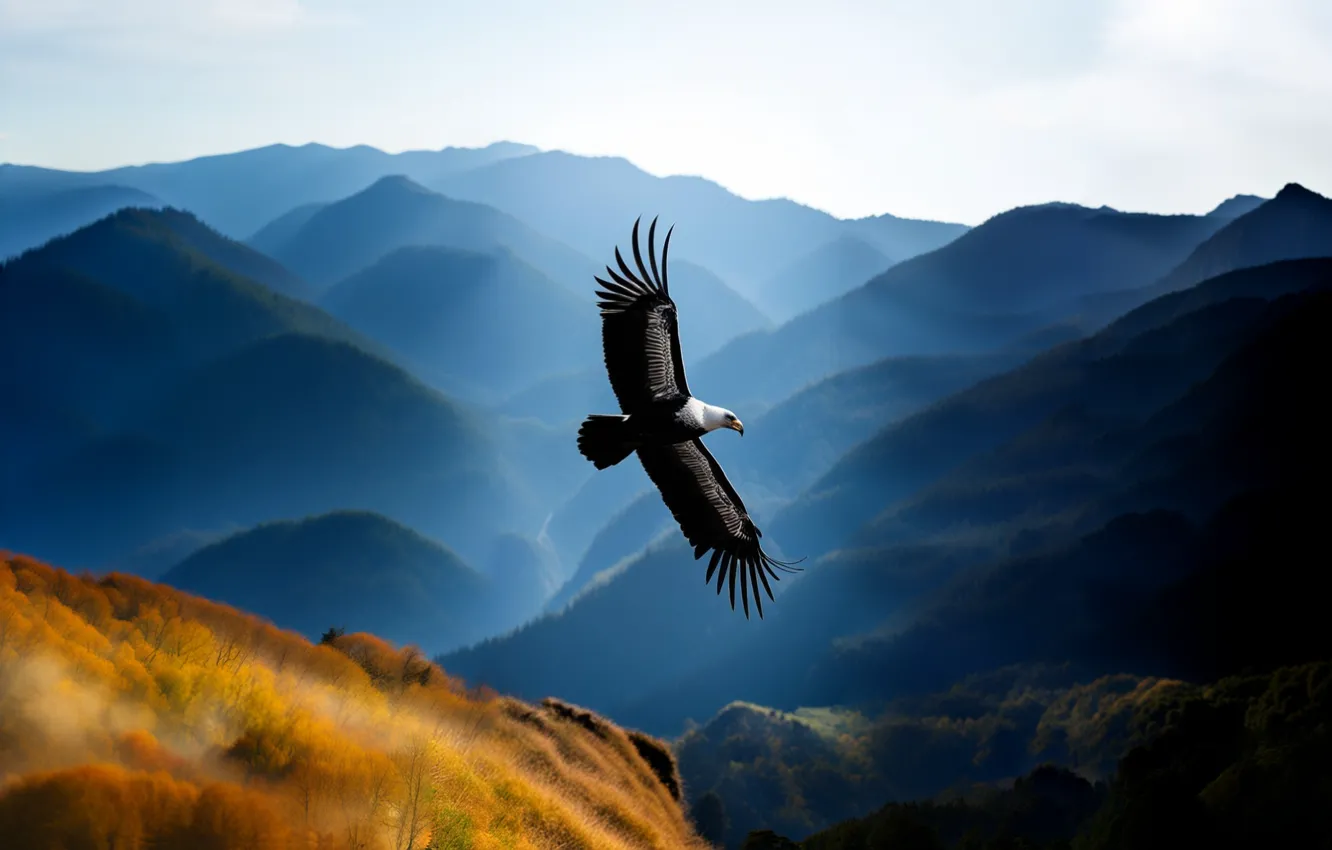 Photo wallpaper the sky, flight, landscape, mountains, nature, bird, eagle, AI ART