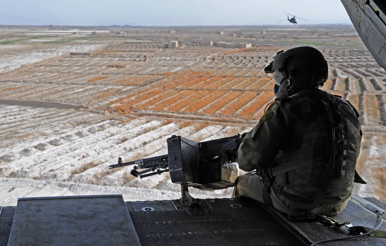 Photo wallpaper field, the sky, horizon, soldiers, helicopter, overview, machine gun
