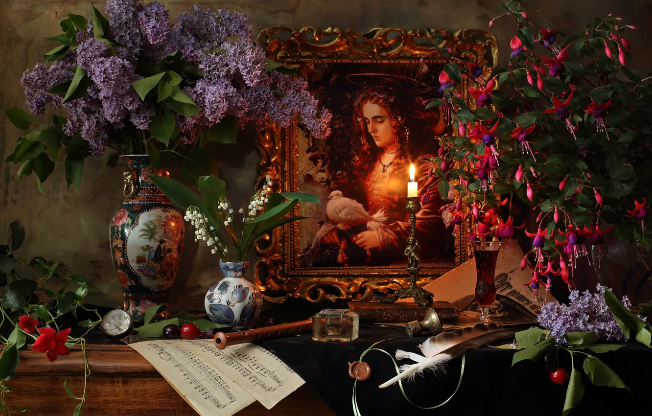 Photo wallpaper girl, light, flowers, notes, bouquet, picture, candles, still life