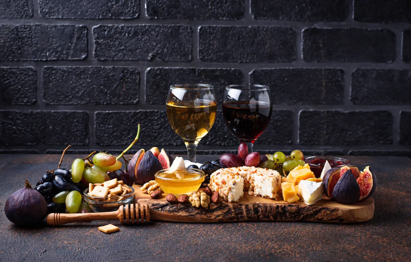 Photo wallpaper wine, cheese, grapes, figs