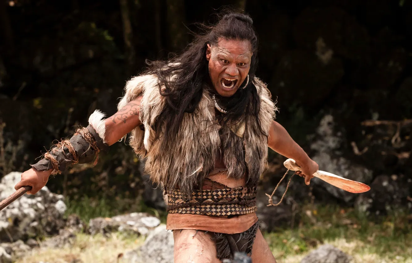 Photo wallpaper cinema, rock, forest, river, sky, long hair, actor, weapon