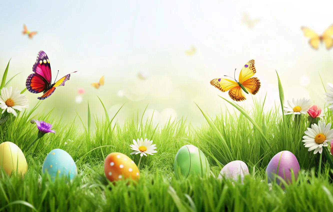 Photo wallpaper flowers, eggs, spring, colorful, Easter, flowers, spring, Easter