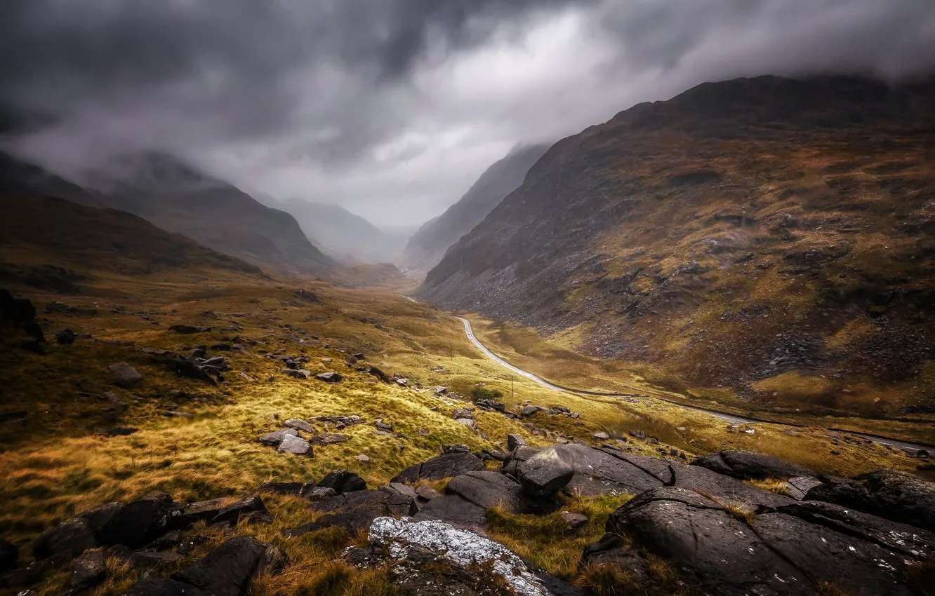 Photo wallpaper autumn, mountains, clouds, Wales, Snowdonia