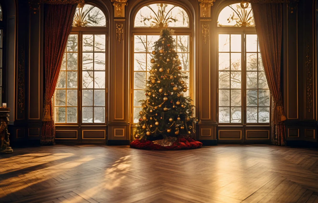 Photo wallpaper decoration, room, balls, tree, new year, interior, Christmas, Christmas