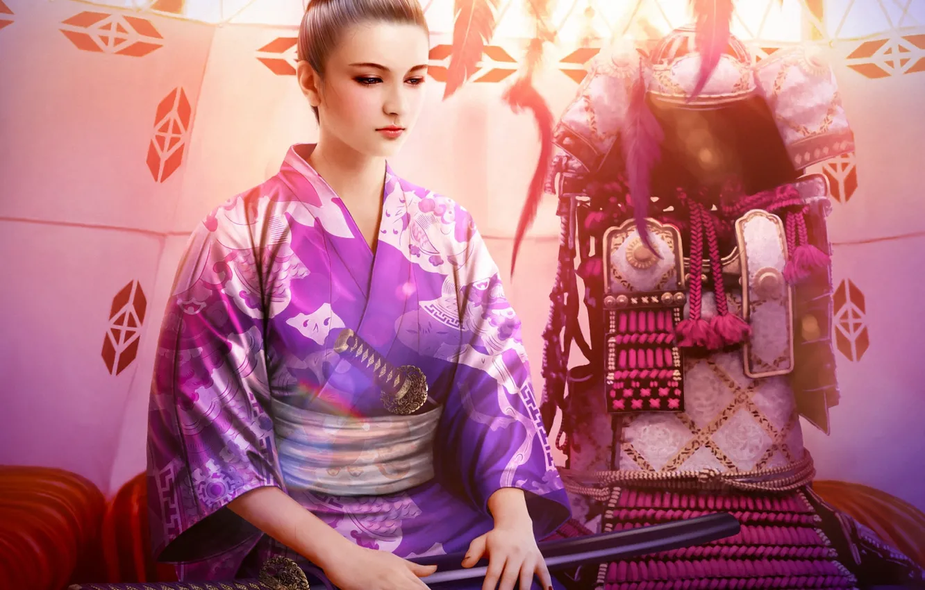 Photo wallpaper girl, sword, katana, art, armor, kimono, mario wibisono, legend of the five rings