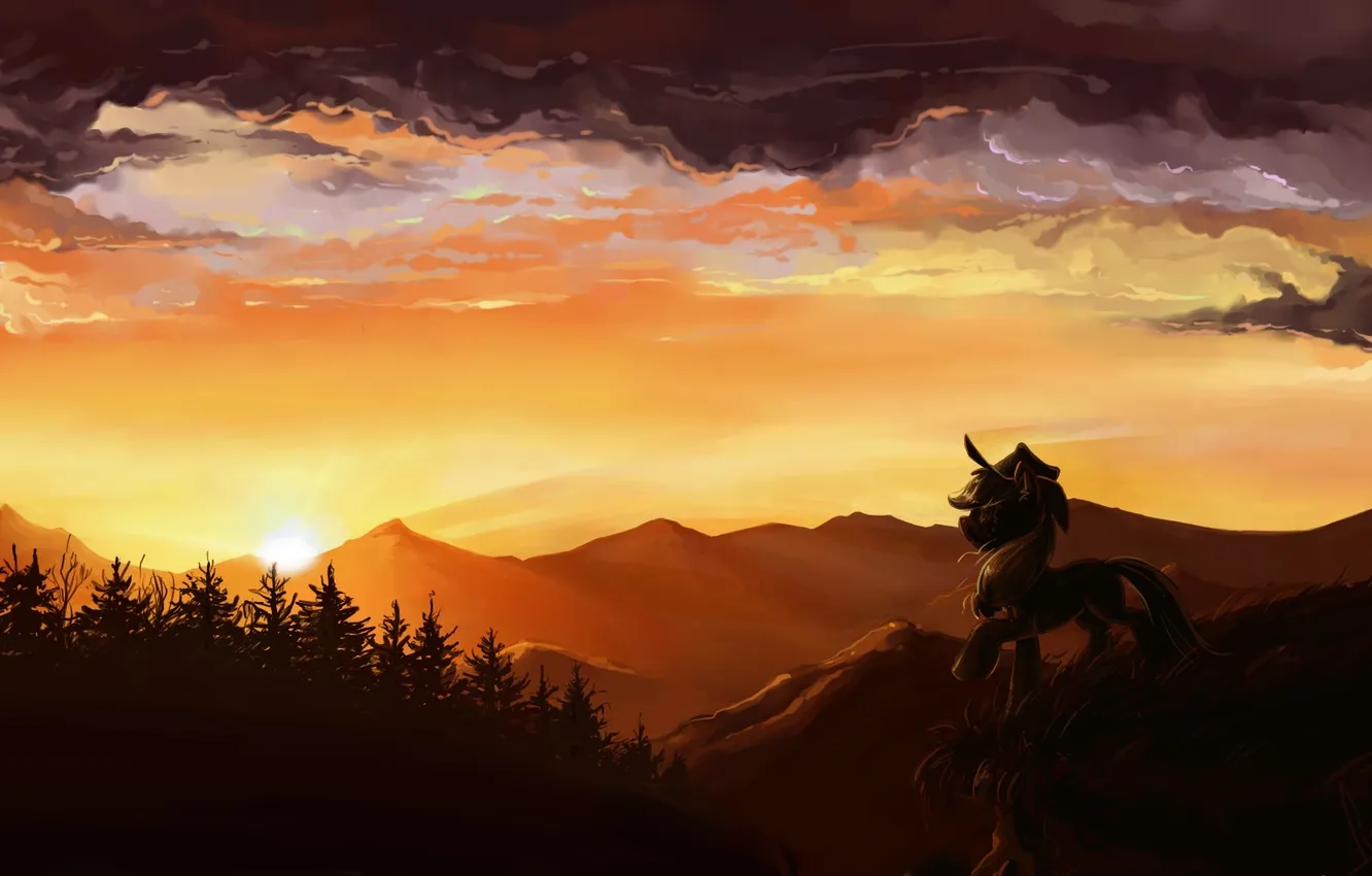 Photo wallpaper forest, sunset, mountains, hat, pony, obloka, My little pony