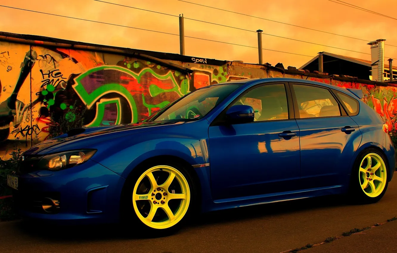 Photo wallpaper wall, the fence, Subaru, Impreza, Subaru, Impreza, graffiti