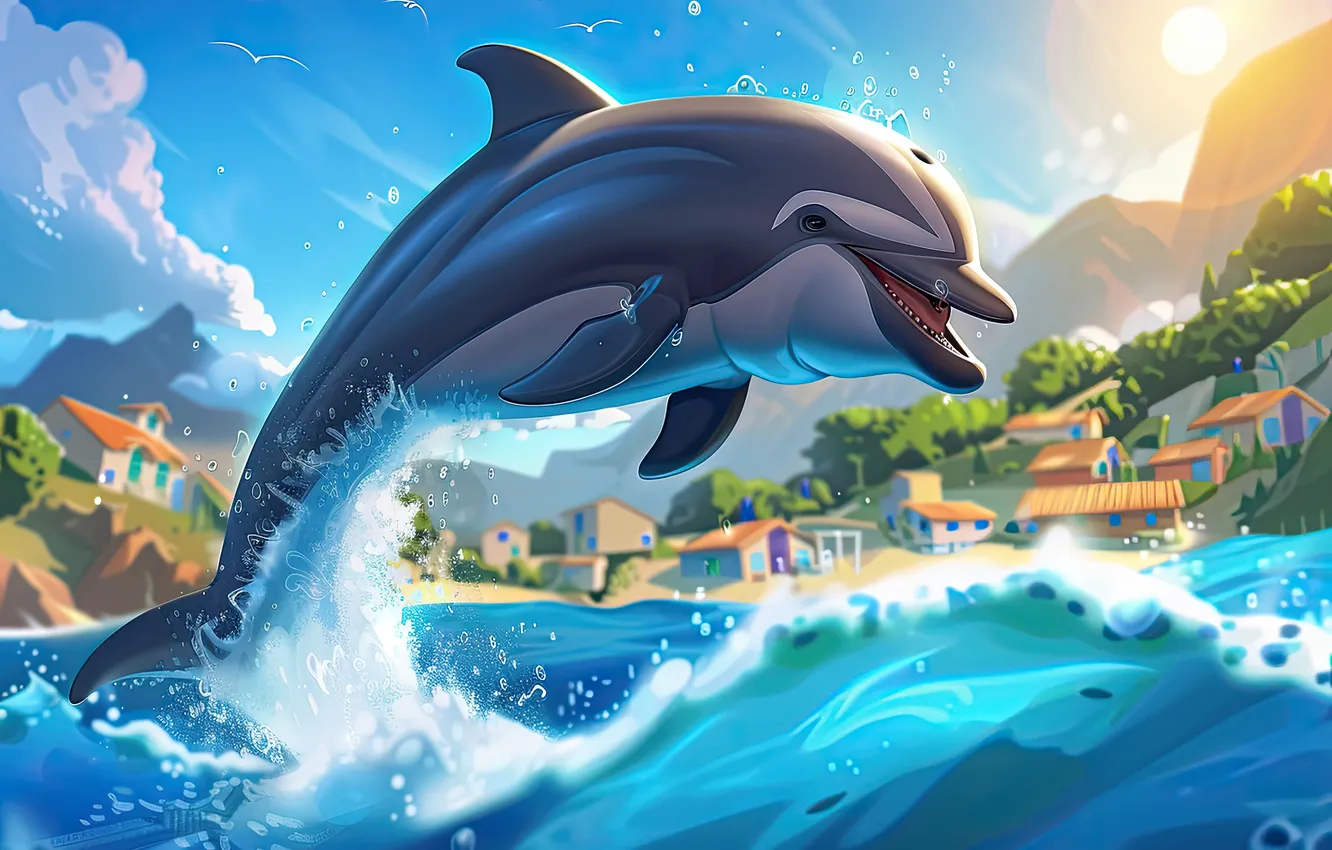 Photo wallpaper water, clouds, jump, home, dolphins, digital art, AI art, The Art of Artificial Intelligence