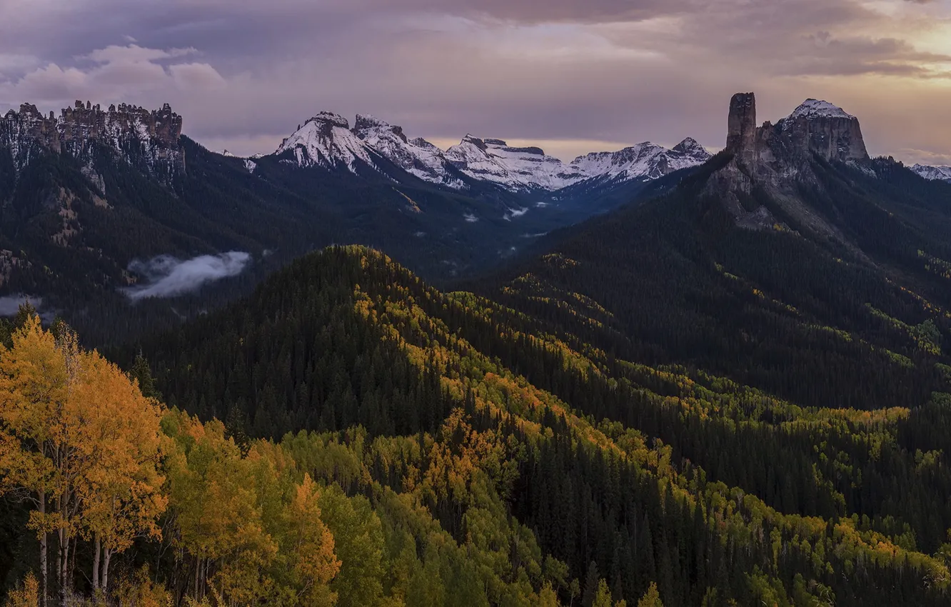 Photo wallpaper autumn, forest, mountains, rocks