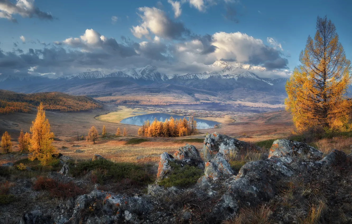 Photo wallpaper autumn, forest, clouds, trees, mountains, nature, fog, lake