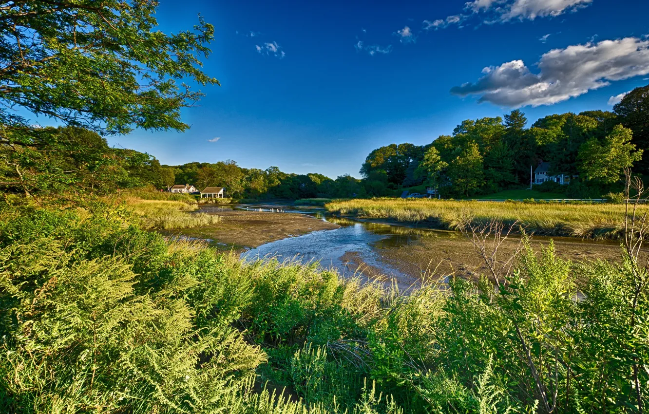Photo wallpaper the sky, grass, clouds, trees, landscape, house, river, new york
