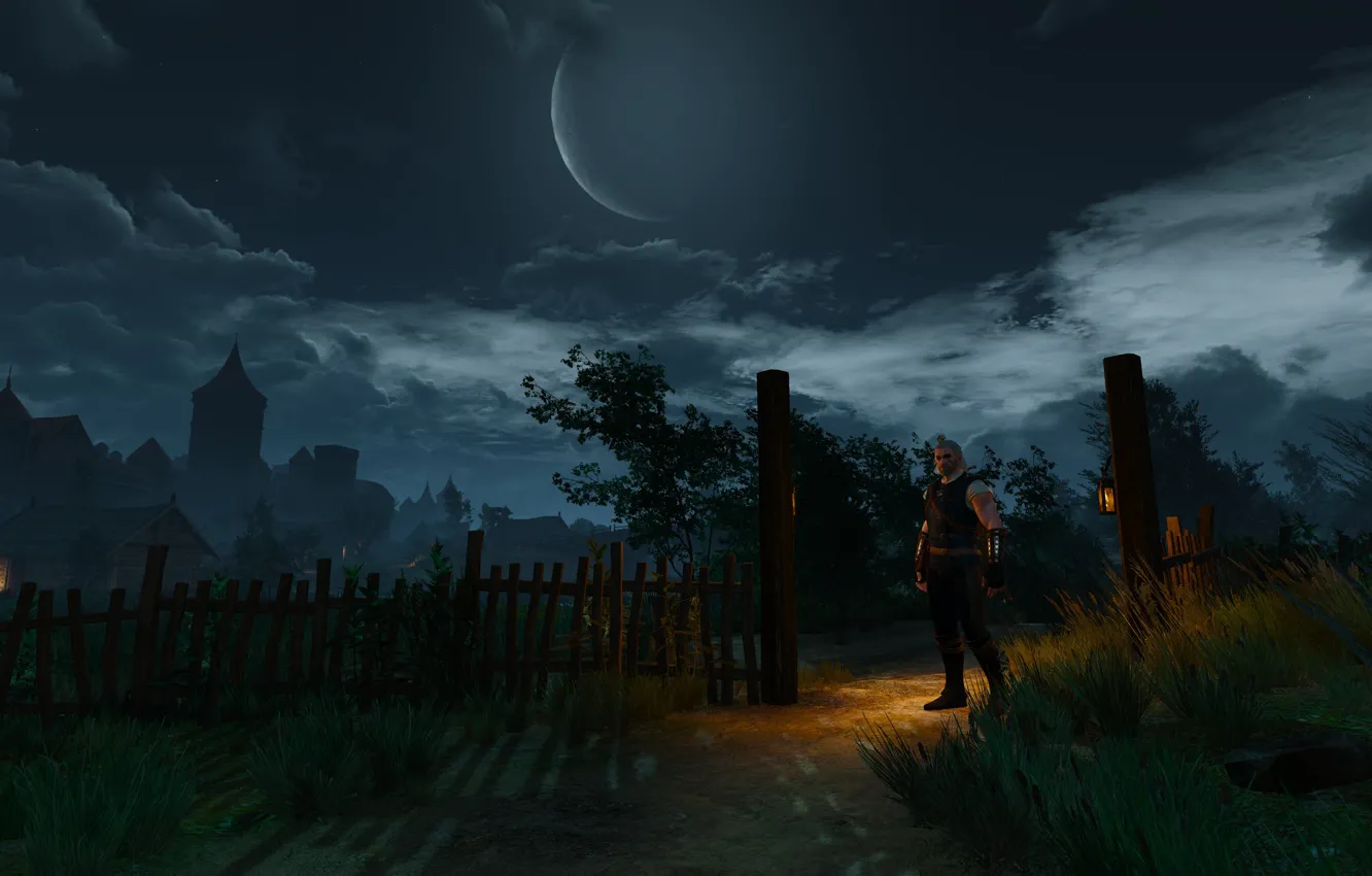 Photo wallpaper night, lights, the moon, sword, warrior, armor, The Witcher, The Witcher