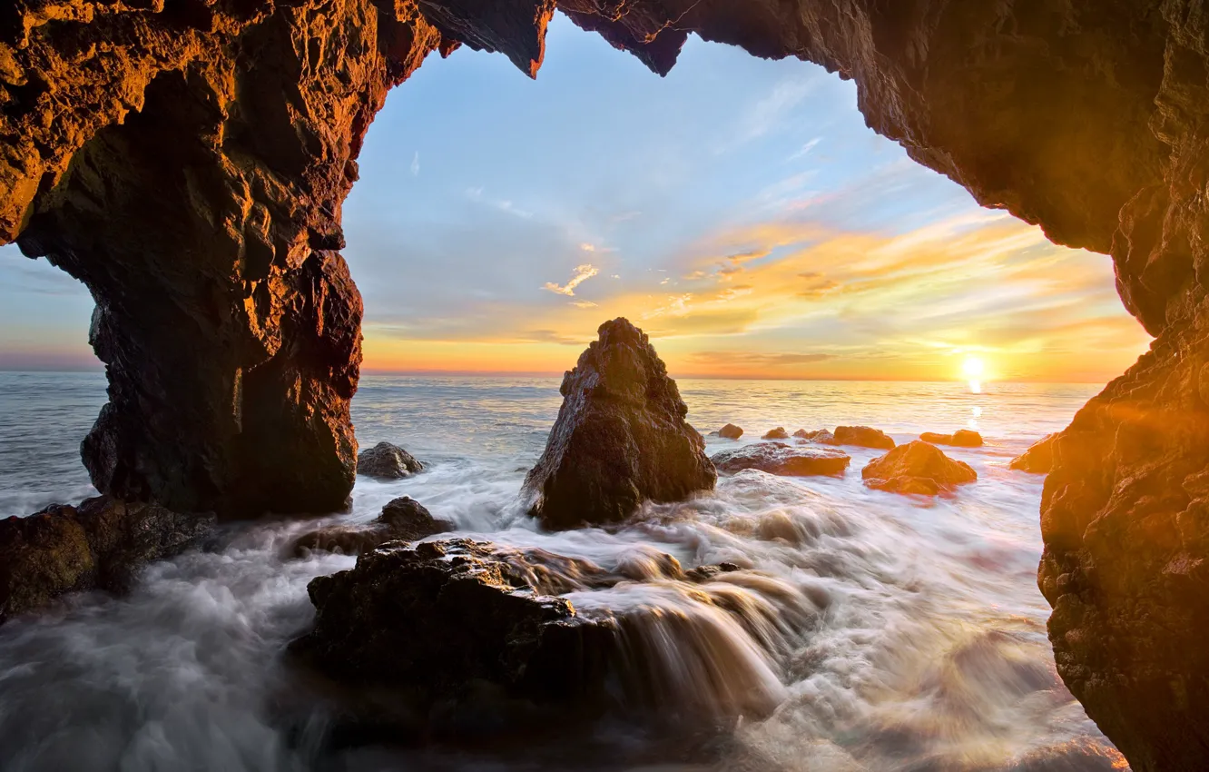Photo wallpaper sea, wave, the sky, clouds, sunset, stones, rocks, shore