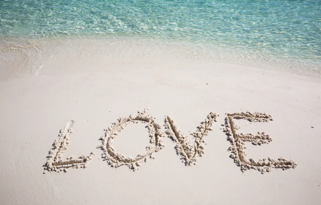 Photo wallpaper sand, sea, water, love, the inscription, romance, love