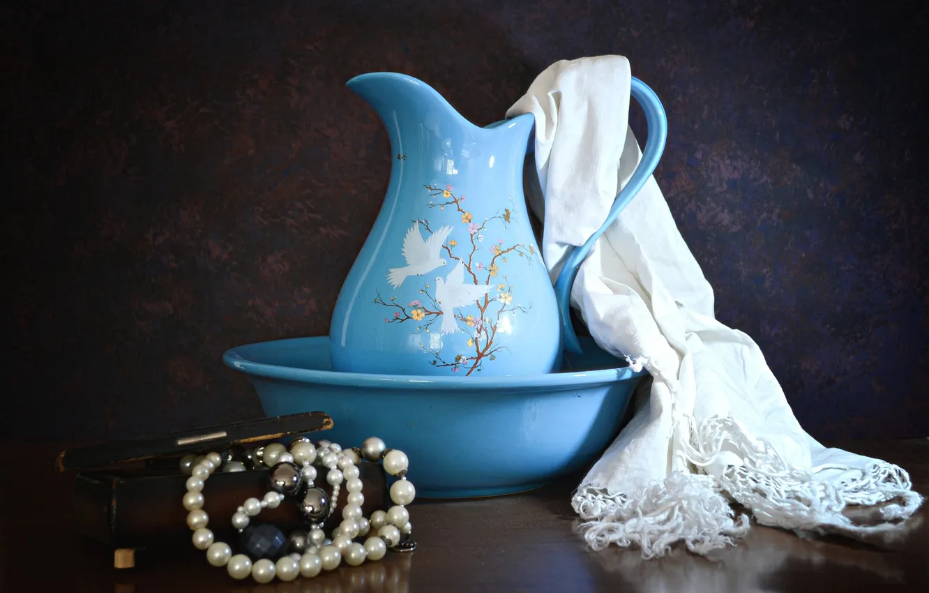Photo wallpaper towel, pitcher, still life, household items