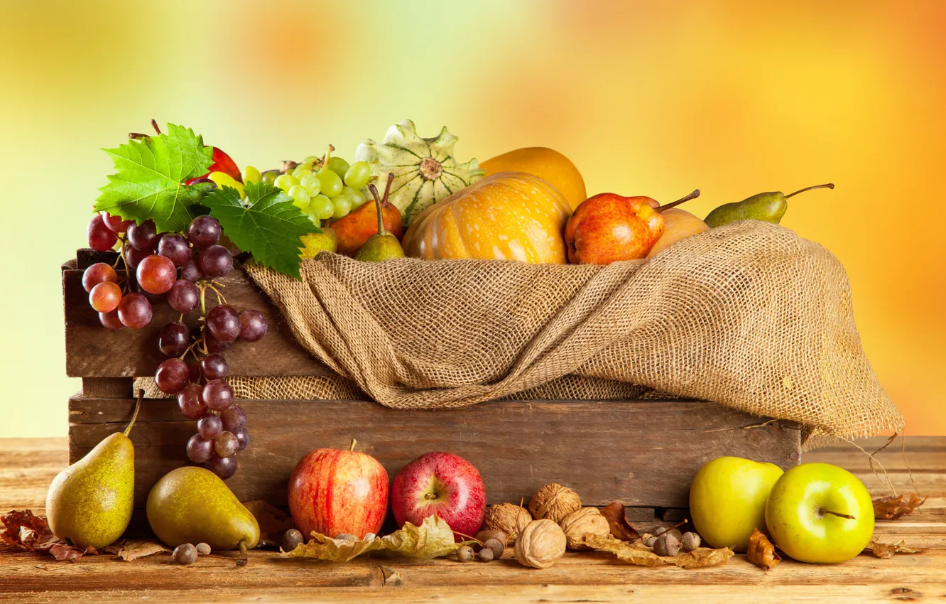 Photo wallpaper autumn, apples, harvest, grapes, pumpkin, fruit, nuts, box