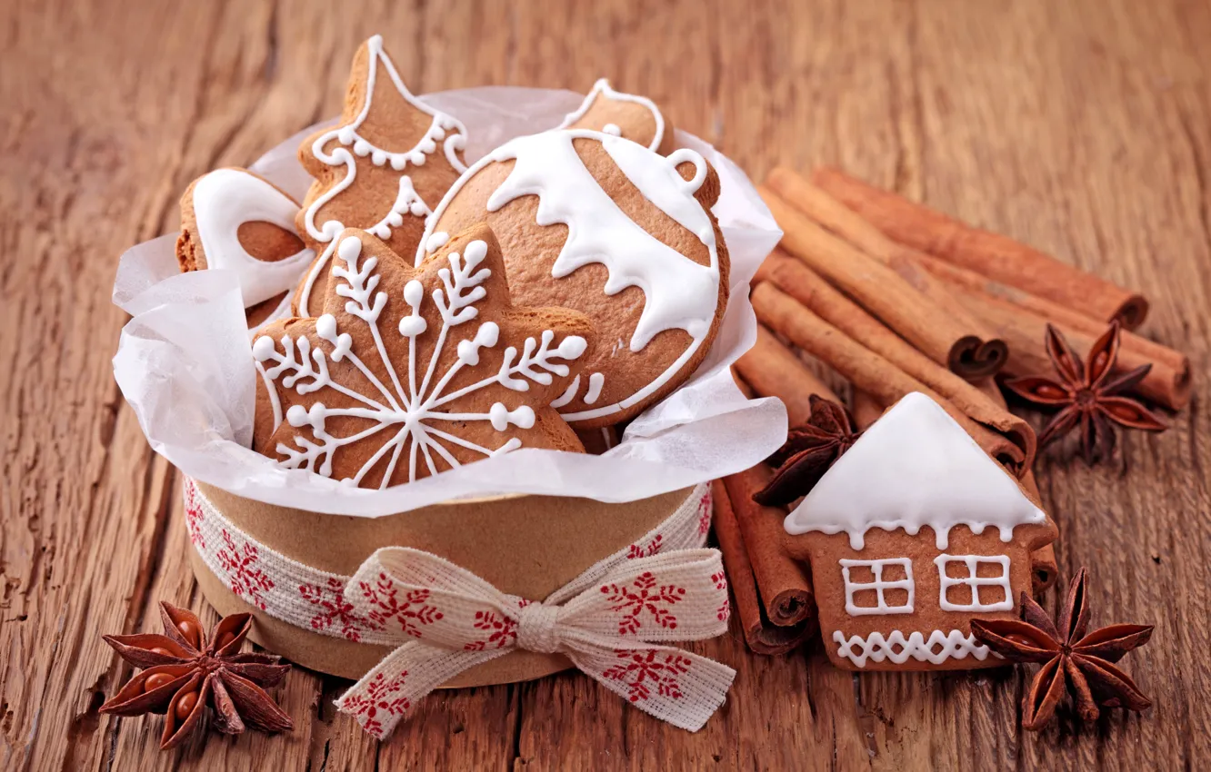 Photo wallpaper tree, ball, New Year, cookies, Christmas, sweets, house, cinnamon