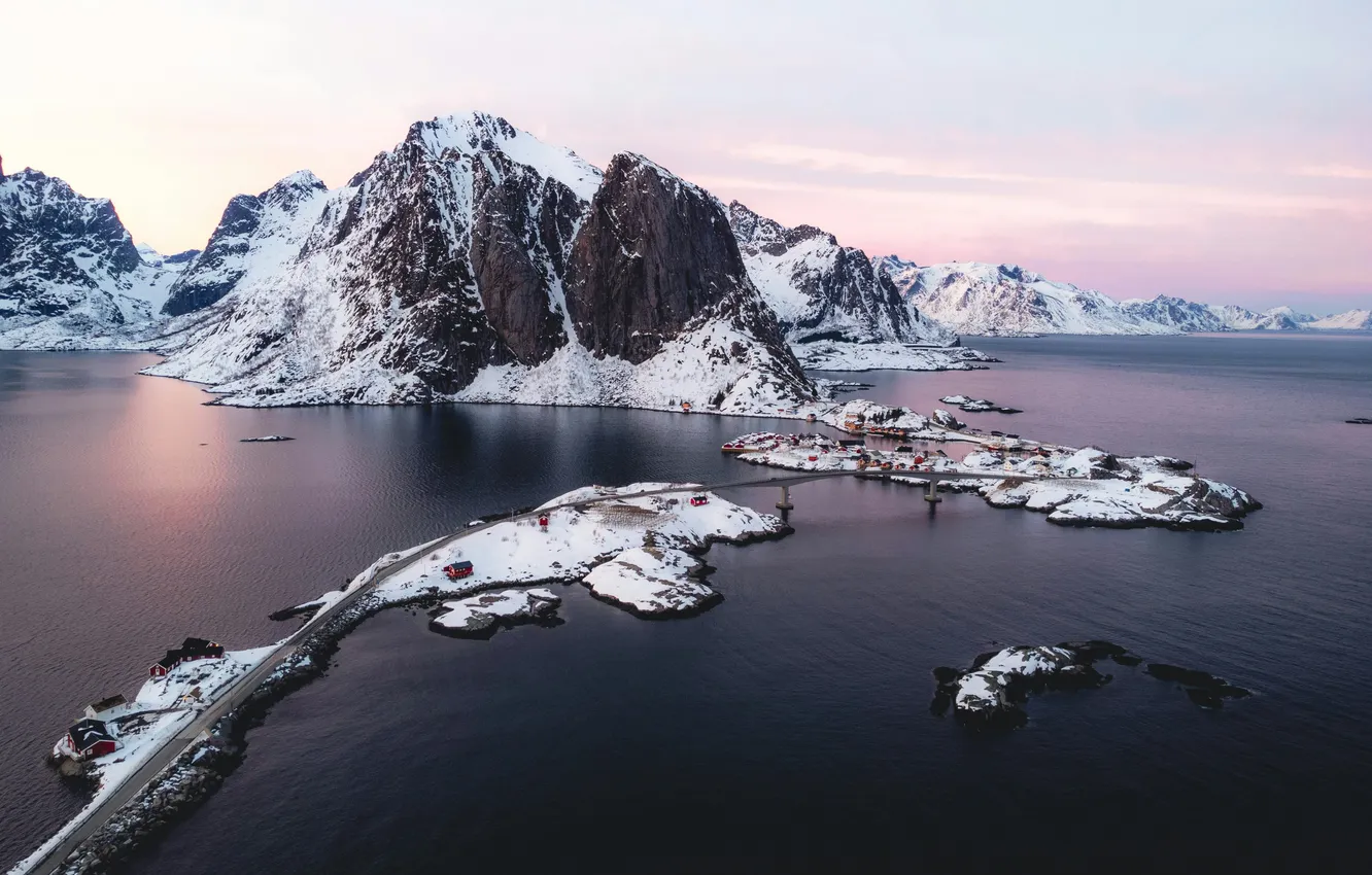 Photo wallpaper winter, sea, snow, landscape, rocks, island