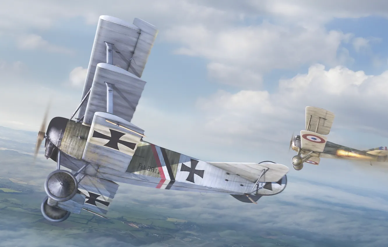 Photo wallpaper the sky, aviation, art, the British, the Germans, aircraft, dogfight, The first world war