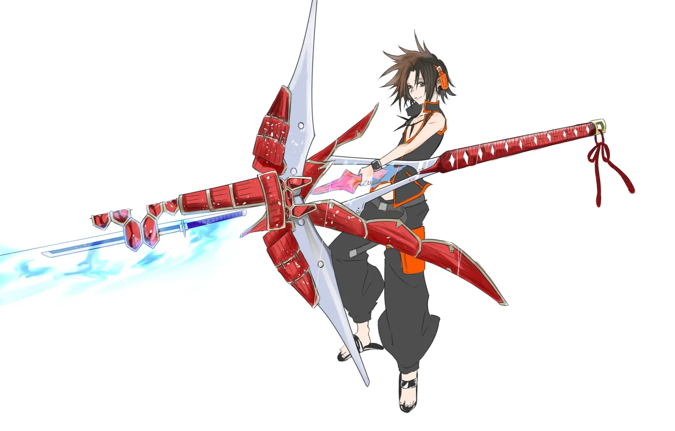 Photo wallpaper weapons, white background, guy, Shaman king, Shaman king