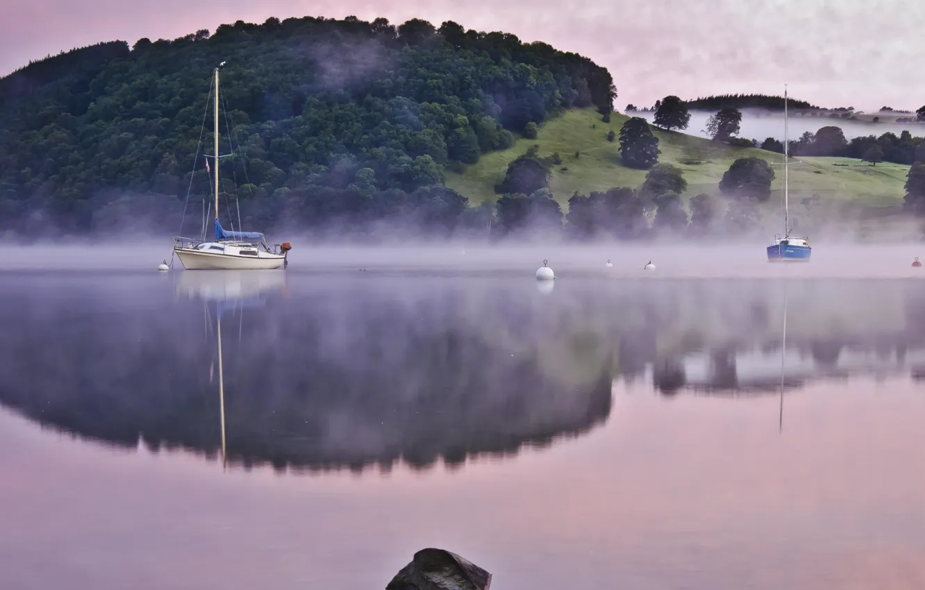 Photo wallpaper fog, river, boats, morning