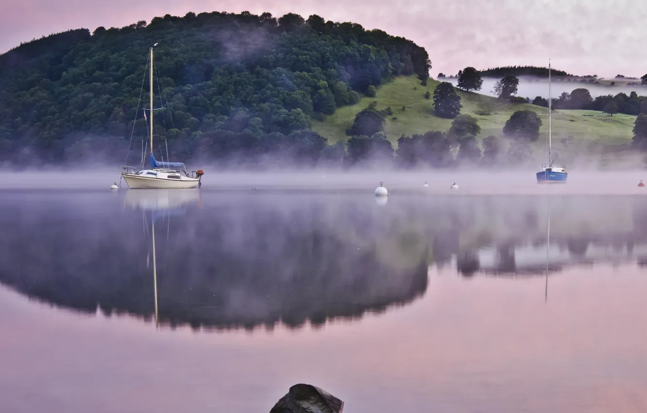 Photo wallpaper fog, river, boat, morning