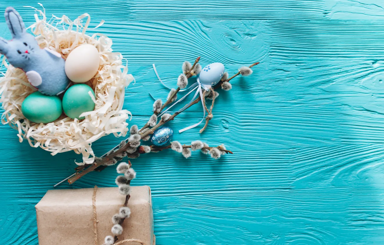Photo wallpaper branches, gift, eggs, spring, Easter, wood, Verba, blue