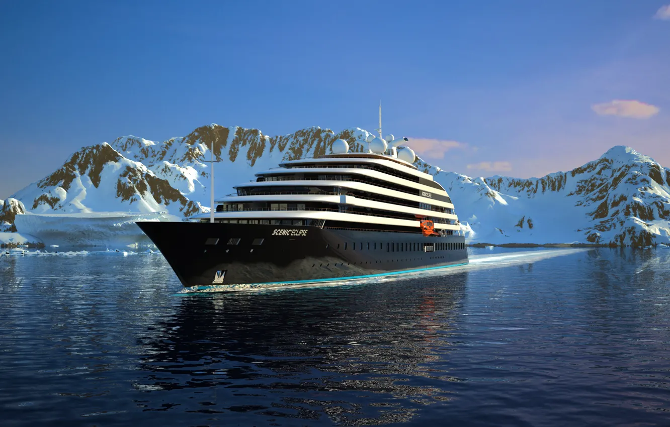 Photo wallpaper Winter, The ocean, Sea, Mountains, Yacht, Antarctica, The ship, Nose