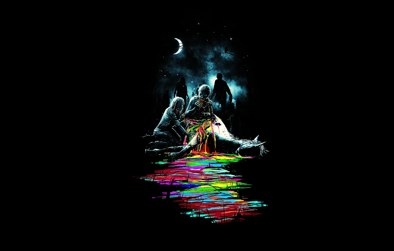 Photo wallpaper night, fear, the moon, paint, horse, zombie