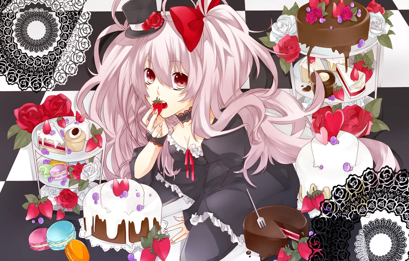 Photo wallpaper girl, flowers, heart, roses, hat, anime, cookies, strawberry