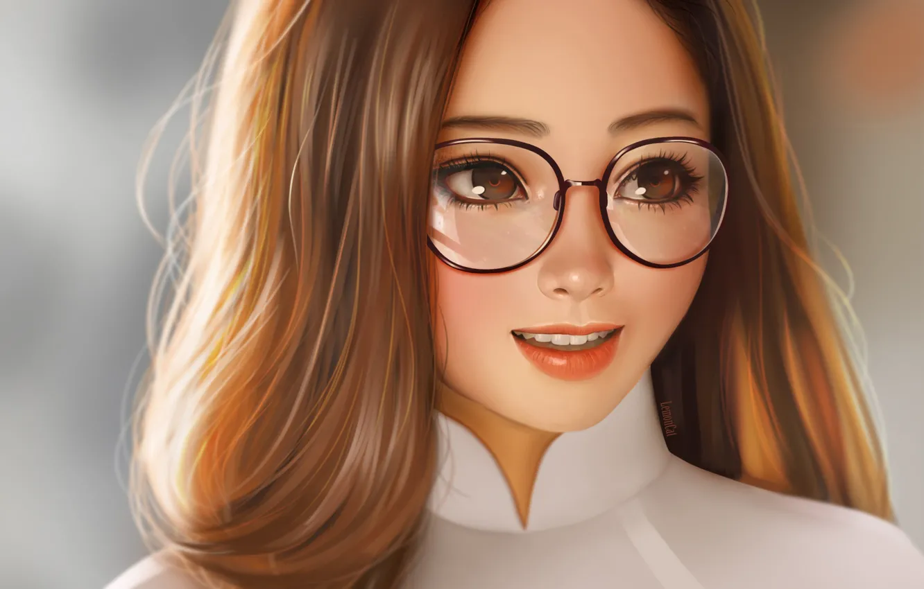 Photo wallpaper face, smile, glasses, long hair, art, portrait of a girl, LemonCat