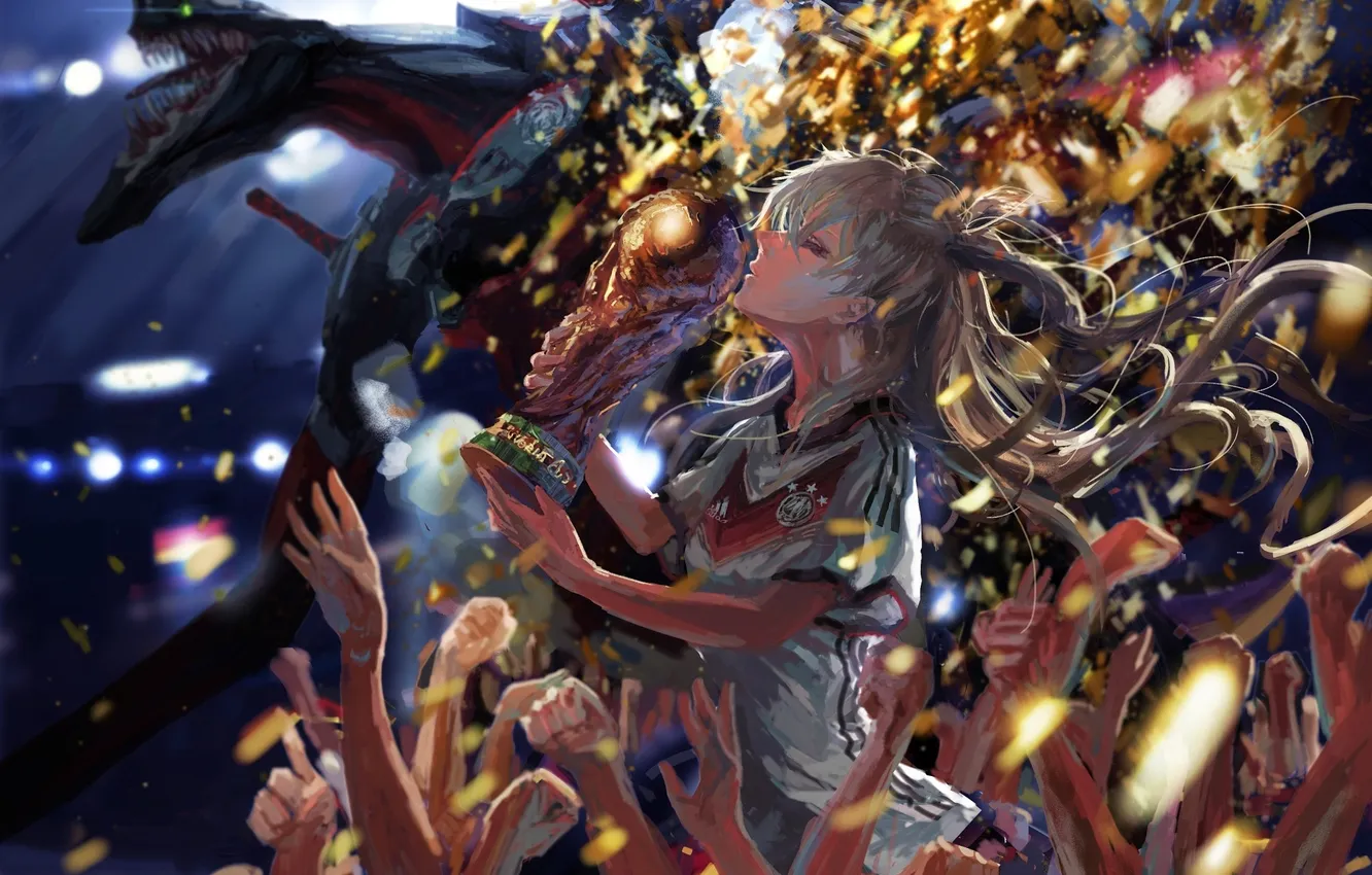 Photo wallpaper girl, football, victory, robot, hands, art, fur, Neon Genesis Evangelion