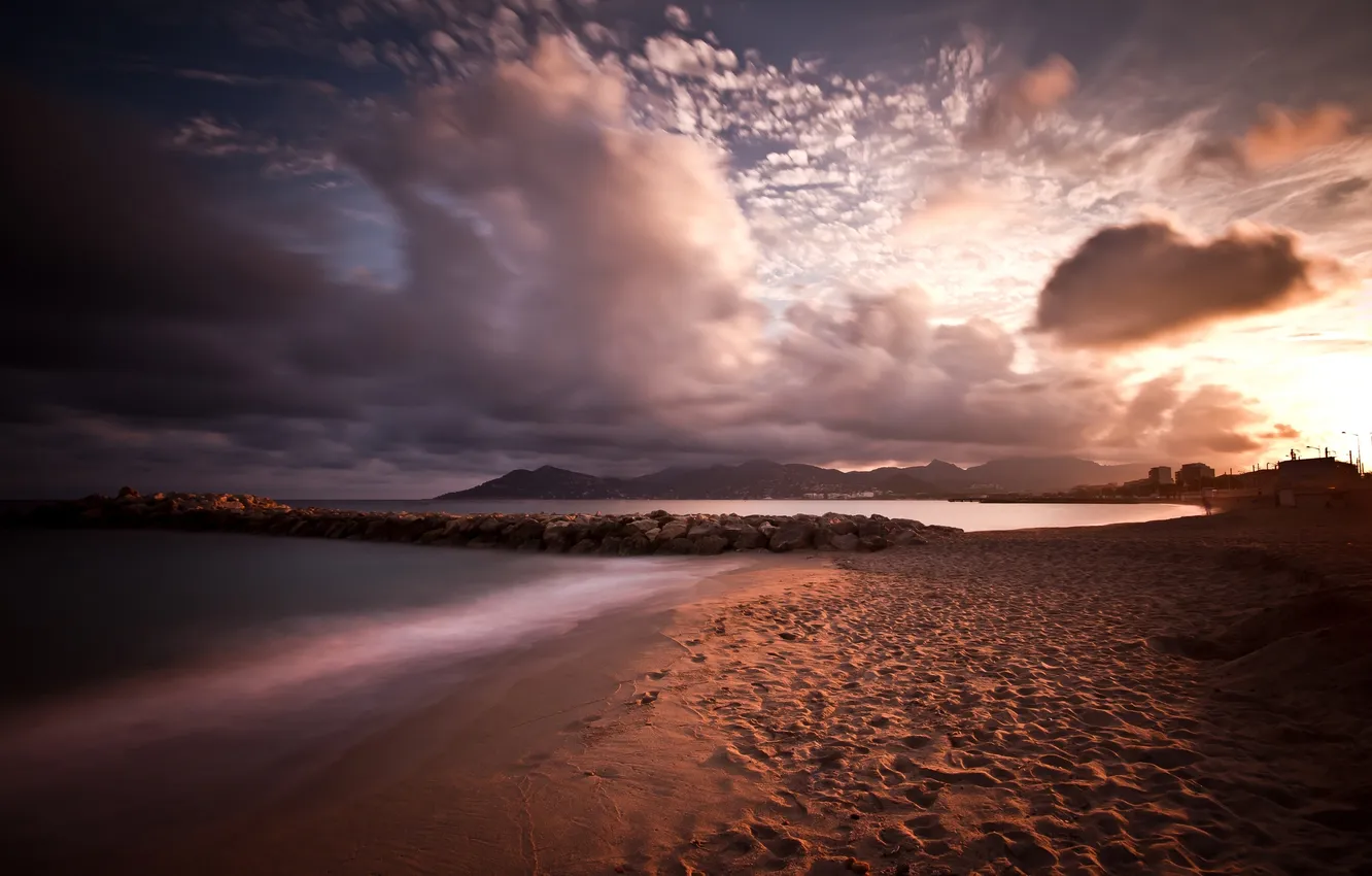 Photo wallpaper sea, clouds, landscape, sunset, shore