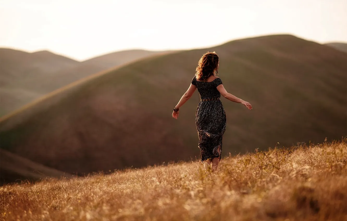 Photo wallpaper grass, girl, nature, hills, sundress