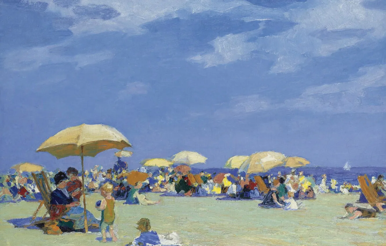 Photo wallpaper people, stay, picture, umbrella, Edward Henry Potthast, Edward Henry Potthast, The beach in far Rockaway