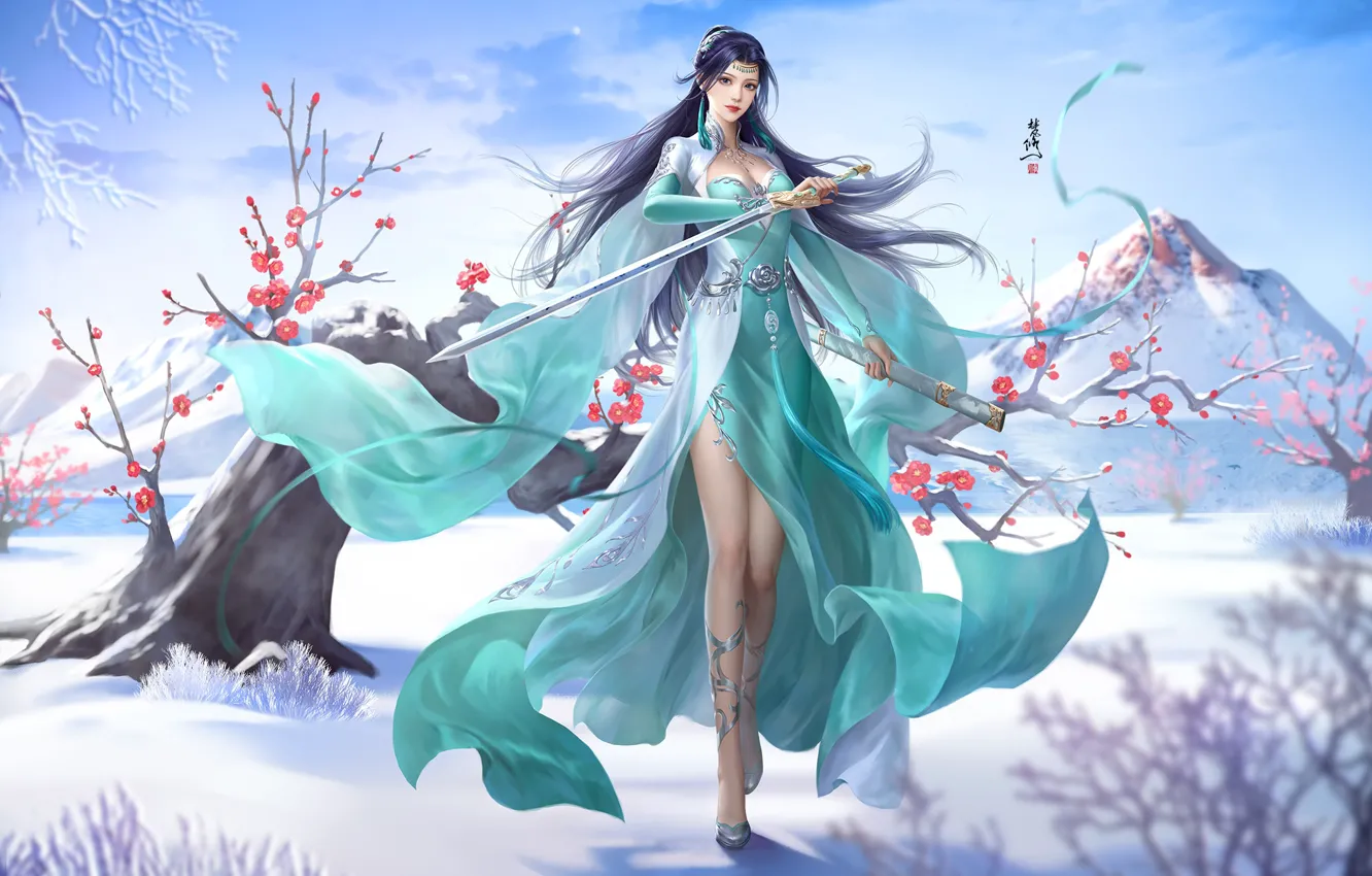 Photo wallpaper winter, girl, snow, flowers, mountains, tree, sword, fan xiu