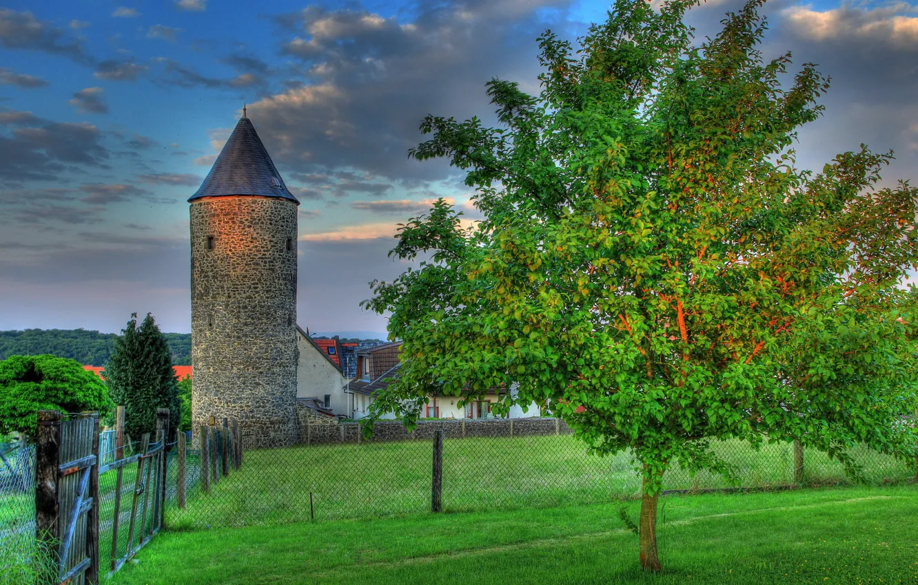 Photo wallpaper trees, the city, the fence, tower, Germany, Pohlheim