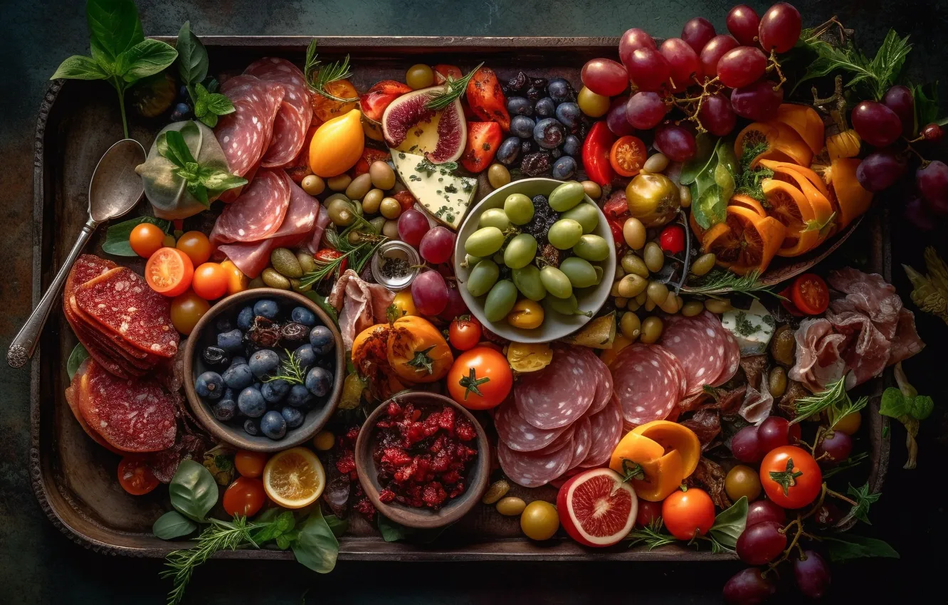 Photo wallpaper greens, berries, food, cheese, grapes, spoon, meat, citrus