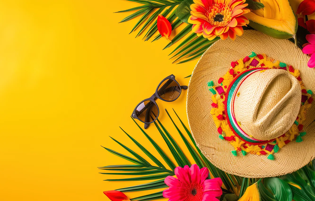 Photo wallpaper summer, flowers, hat, glasses, yellow background, AI art, neural network
