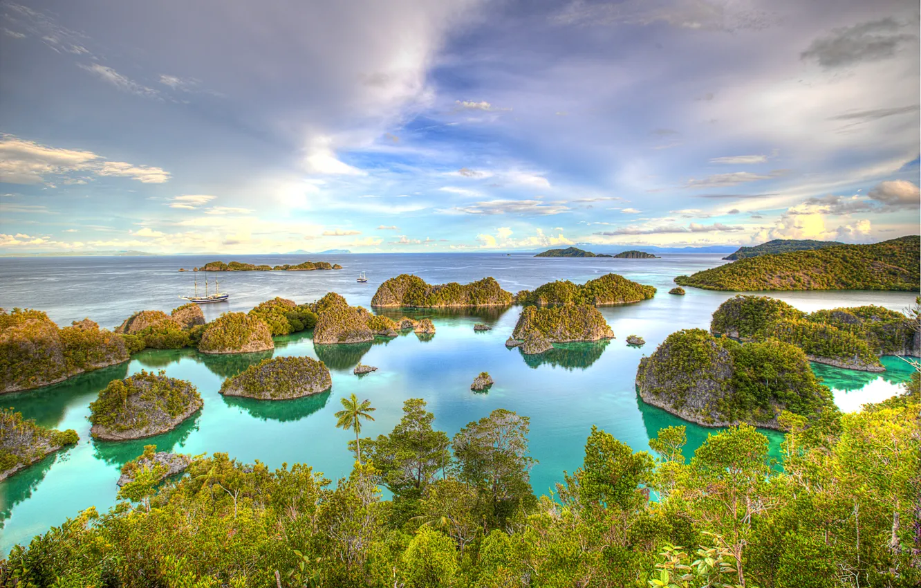Photo wallpaper sea, tropics, island, HDR, yacht, Indonesia, West Papua, Besir