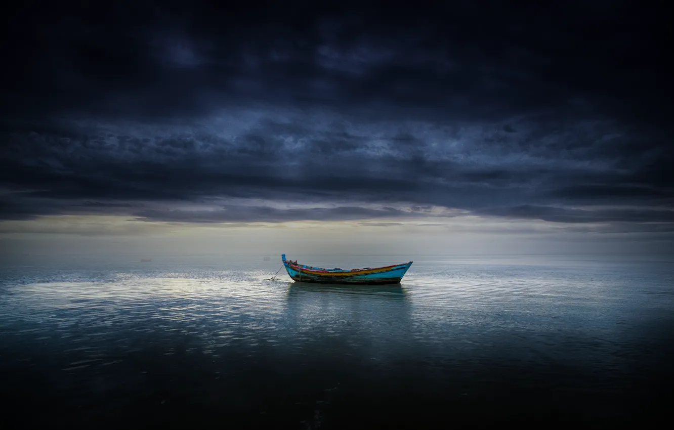 Photo wallpaper sea, clouds, boat, storm, horizon, gray clouds